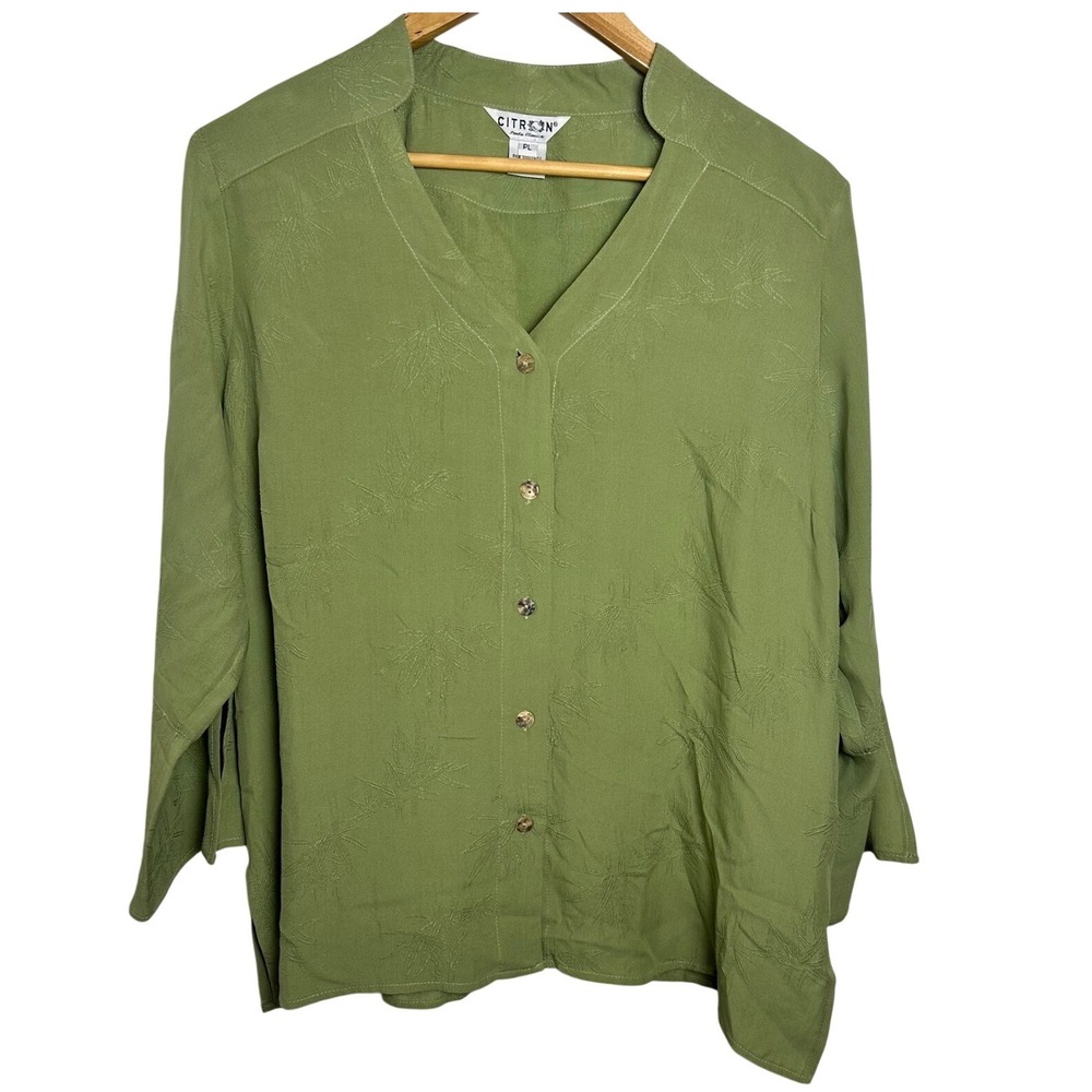 Citron Santa Monica Sage Green Embroidered Silk Lagenlook Blouse Petite Large